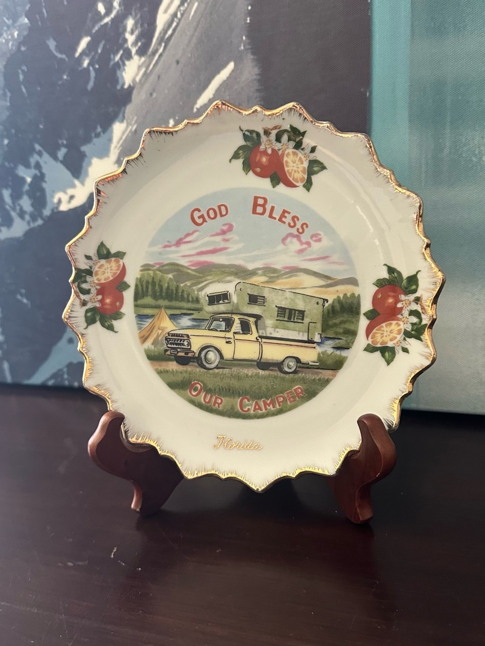 God Bless Our Camper Decorative Ceramic Plate - Cream and Gold
